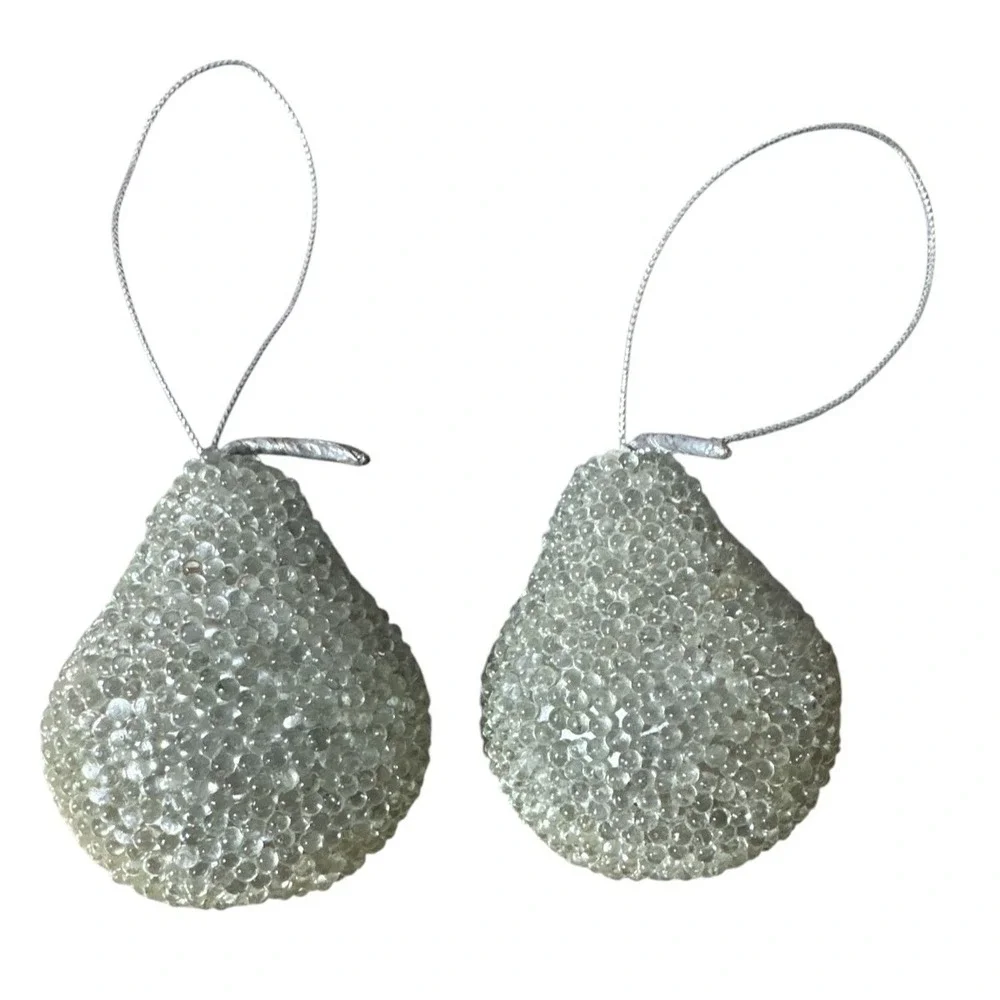 2 Vintage Beaded Pear Ornaments Clear Beads with Silver Christmas Holiday 2.5 in